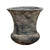 Angled view of a fluted urn-style ceramic planter in soft weathered white glaze with a rounded, bulbous base