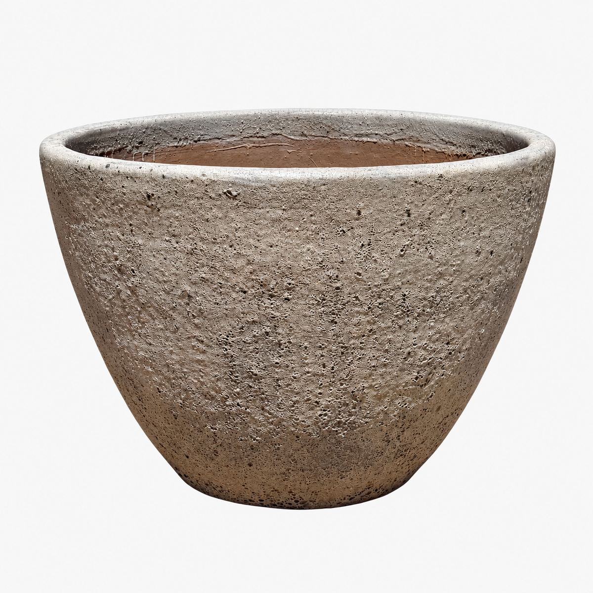 Oceanic White Giant Cone Ceramic Planter, angled front view revealing a smooth terracotta-lined interior, a tapered cone silhouette, a rounded rim, and a softly weathered, white stone-textured exterior.