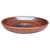 Angled view of a wide, shallow oxide ceramic succulent bowl in glossy rust-red glaze, with a speckled rim and a darker center around the drainage hole