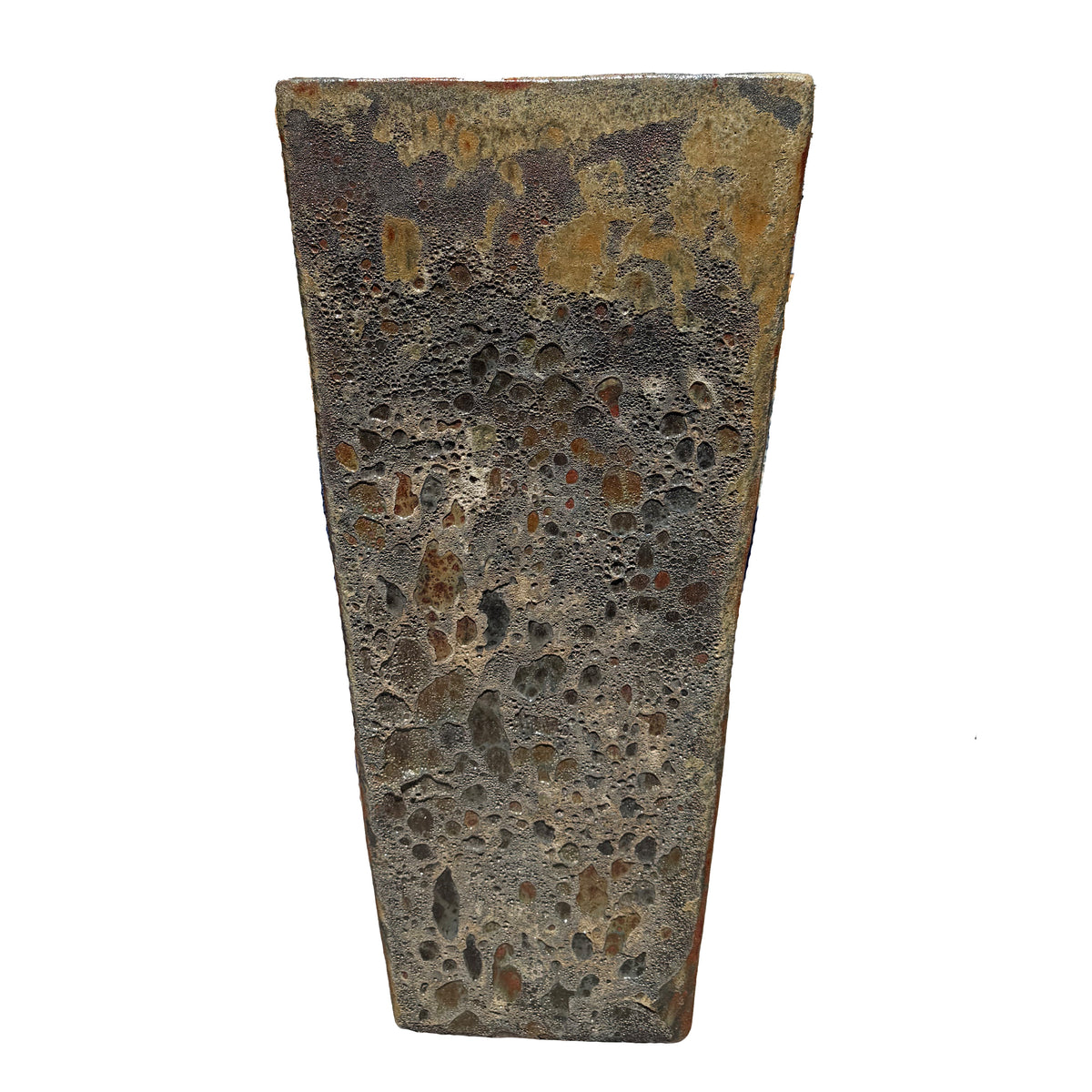 Front view of a tapered square ceramic planter with a textured olive and charcoal finish and hints of gold and rust.