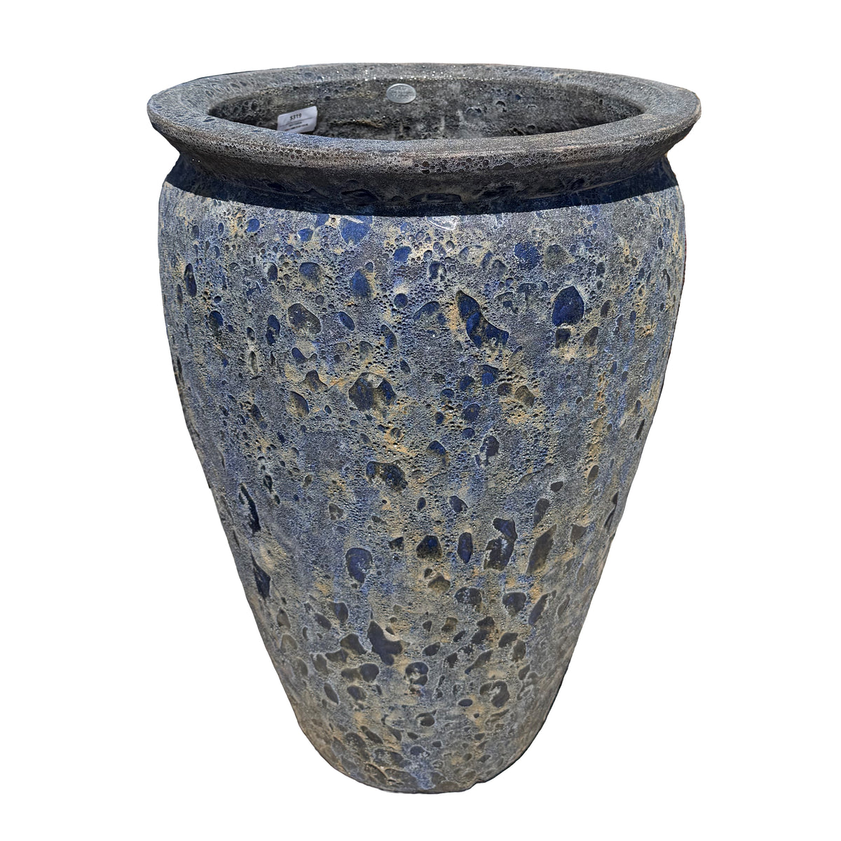 Rainforest Sea tall round tapered ceramic planter from above, with a charcoal rolled rim and cratered blue-gray glaze.