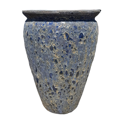 Front view of a tall, round, tapered planter with broad shoulders and a bubbled glaze in cobalt, slate gray, and sandy tan.