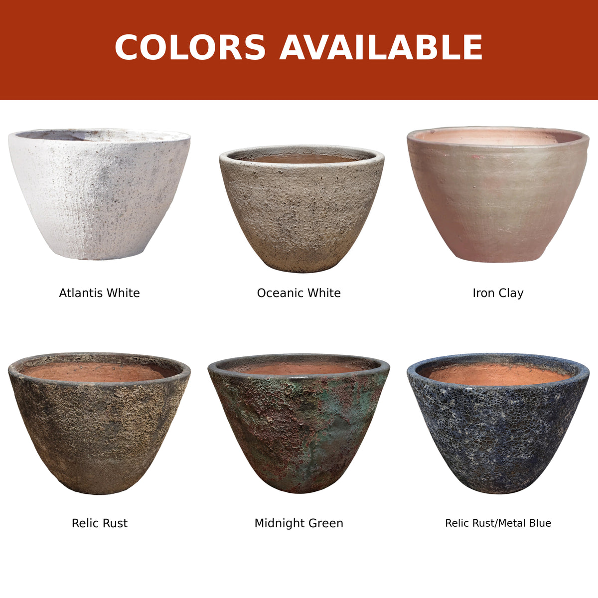 Color options chart for the Giant Cone Ceramic Planter collection, showing all six available finishes: Atlantis White, Oceanic White, Iron Clay, Relic Rust, Midnight Green, and Relic Rust/Metal Blue.