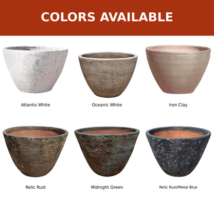 Color options chart for the Giant Cone Ceramic Planter collection, showing all six available finishes: Atlantis White, Oceanic White, Iron Clay, Relic Rust, Midnight Green, and Relic Rust/Metal Blue.