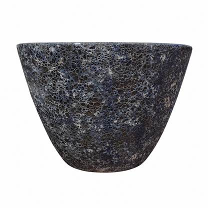 Front view of the Relic Rust/Metal Blue Giant Cone Ceramic Planter, showing off its heavily textured, mineral-flecked slate-blue finish across a clean tapered cone silhouette.
