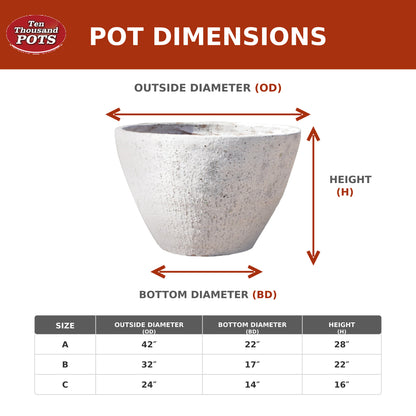Size guide for the Relic Rust/Metal Blue Giant Cone Ceramic Planter showing outside diameter, bottom diameter, and height across sizes A (42"x22"x28"), B (32"x17"x22"), and C (24"x14"x16")
