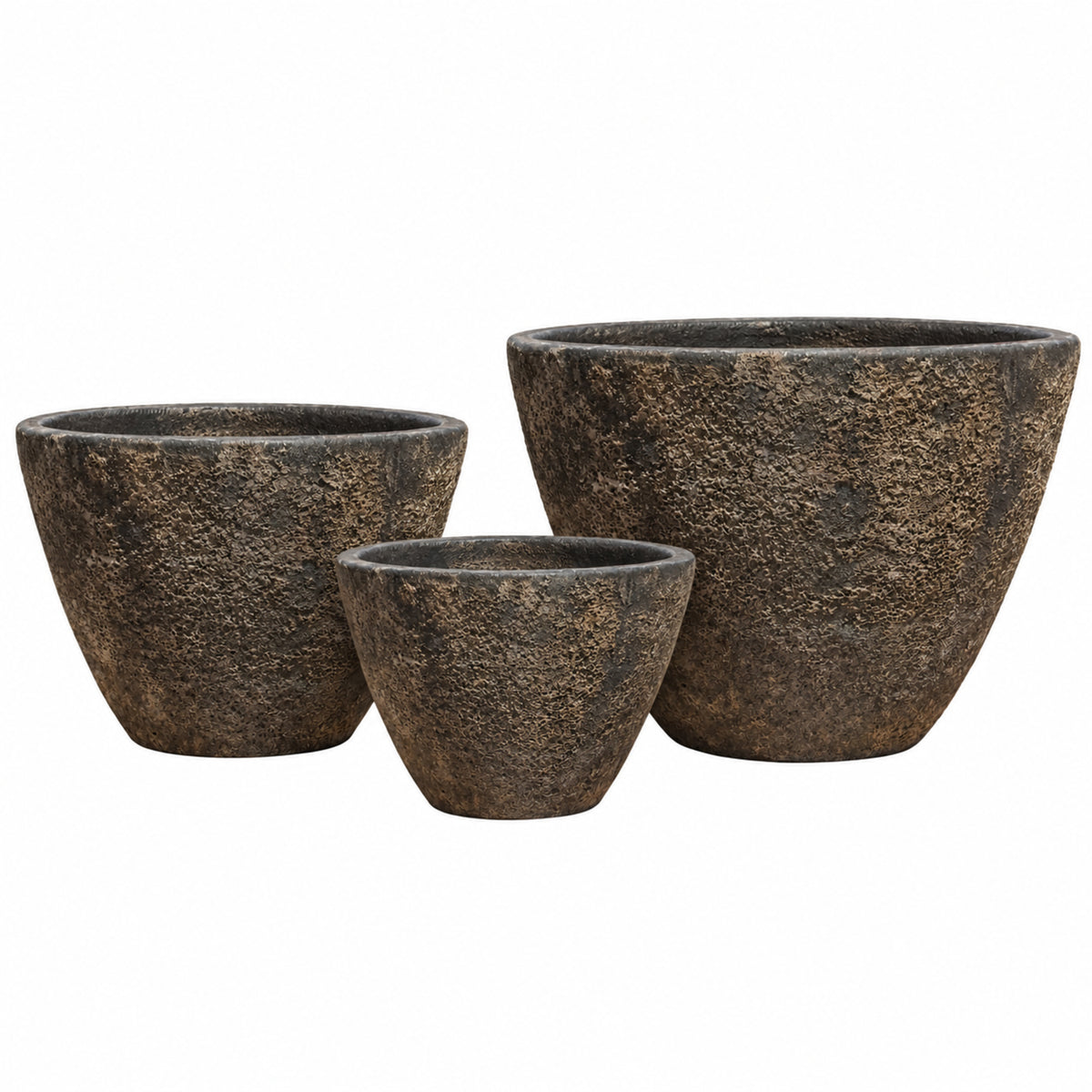 The Relic Rust Rustic Giant Cone Ceramic Planter lineup, small to large, lined up to show how that same tapered cone shape and moody rust-charcoal finish scales beautifully across every size.