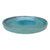Angled view of a wide, shallow round teal ceramic plant saucer with a glossy speckled interior, a deeper blue centre and a flecked rim