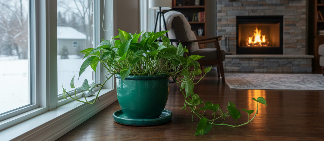 Potted plant on a windowsill with a fireplace in the background
