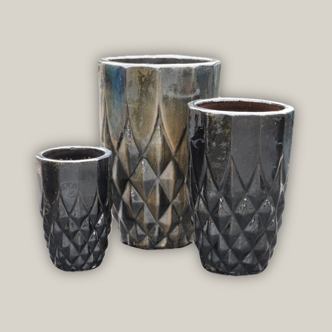 9995C13 - Mirror Black Pineapple Round Ceramic Planter