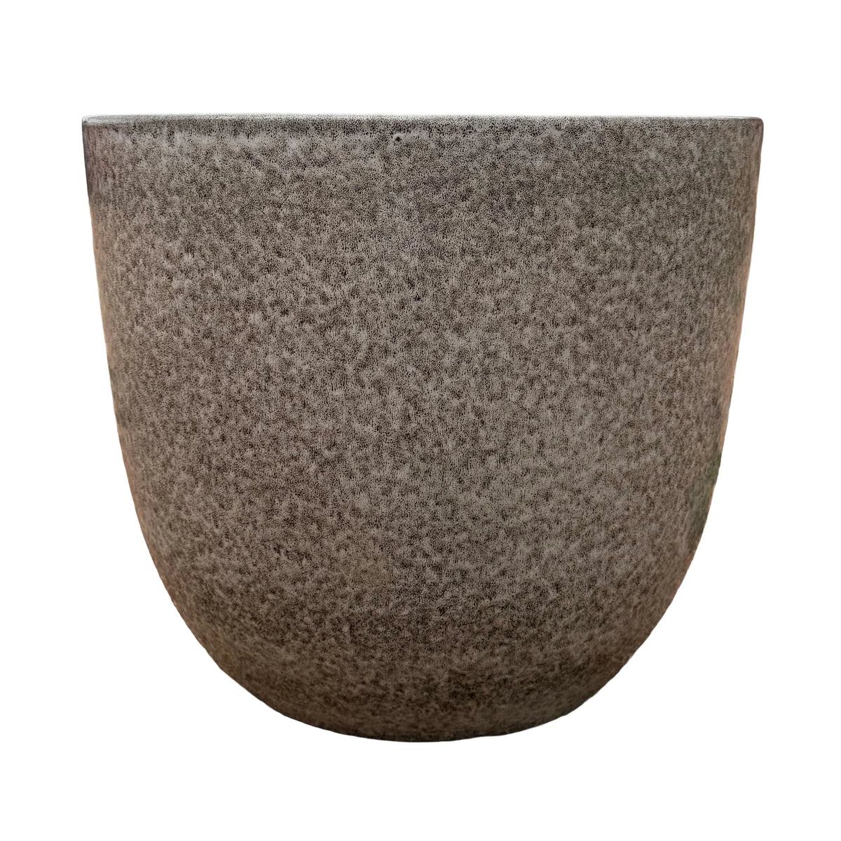 Front view of a speckle black tapered round ceramic planter with a gently rounded body that narrows toward the base, covered in a granite-like grey and taupe speckled glaze