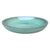 Teal ceramic bird bath bowl, slightly angled from above to show its shallow, glossy basin and brown-speckled rolled rim.