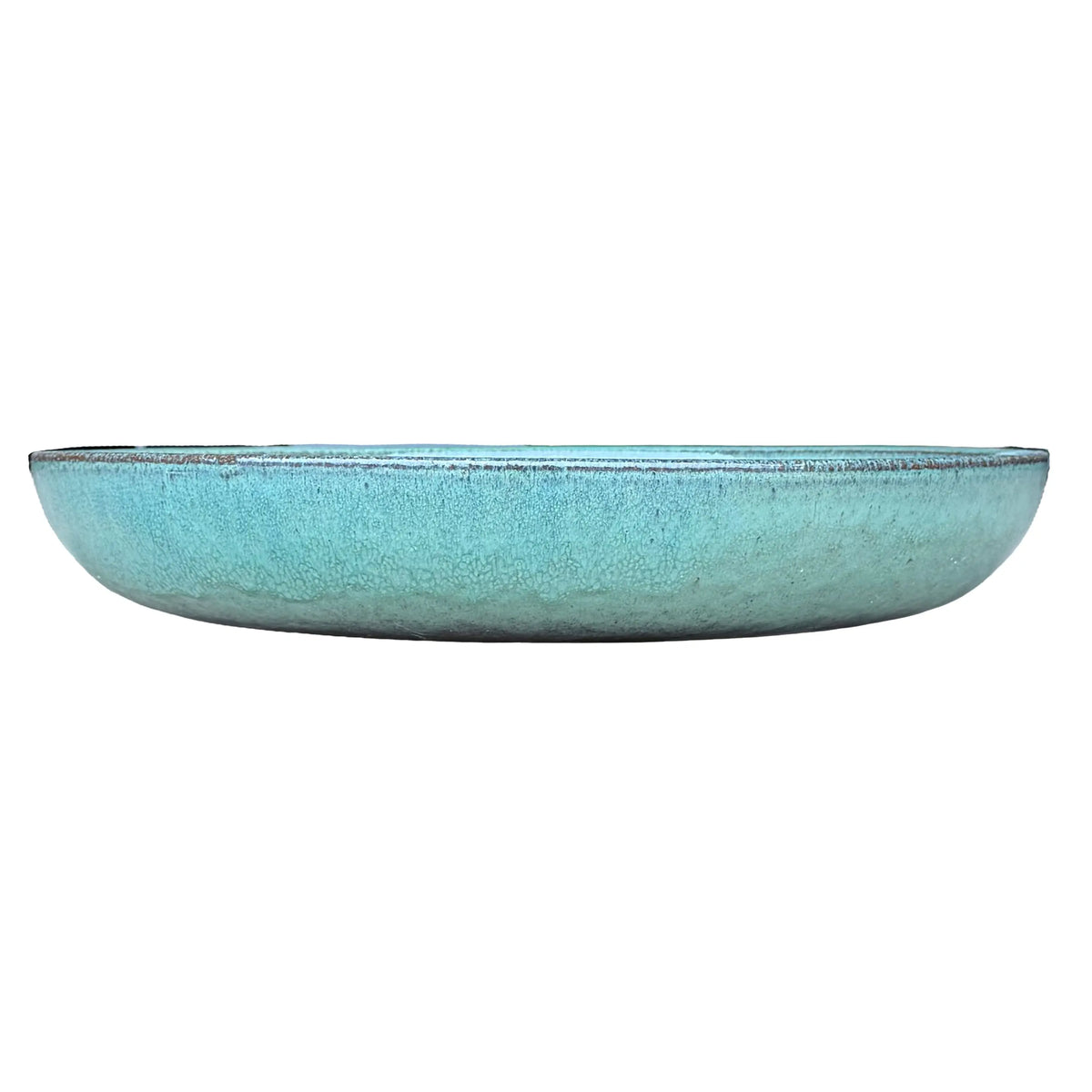Eye-level front view of a shallow teal bird bath bowl, with a low rounded profile, crackled glaze texture, and a rust-flecked rim.