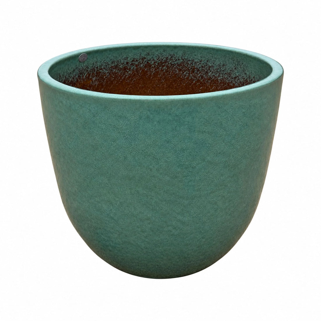 Angled view of a teal tapered round ceramic planter, showing its fine crackle-textured teal glaze, a lighter aqua rim and a speckled interior that shades into rust brown