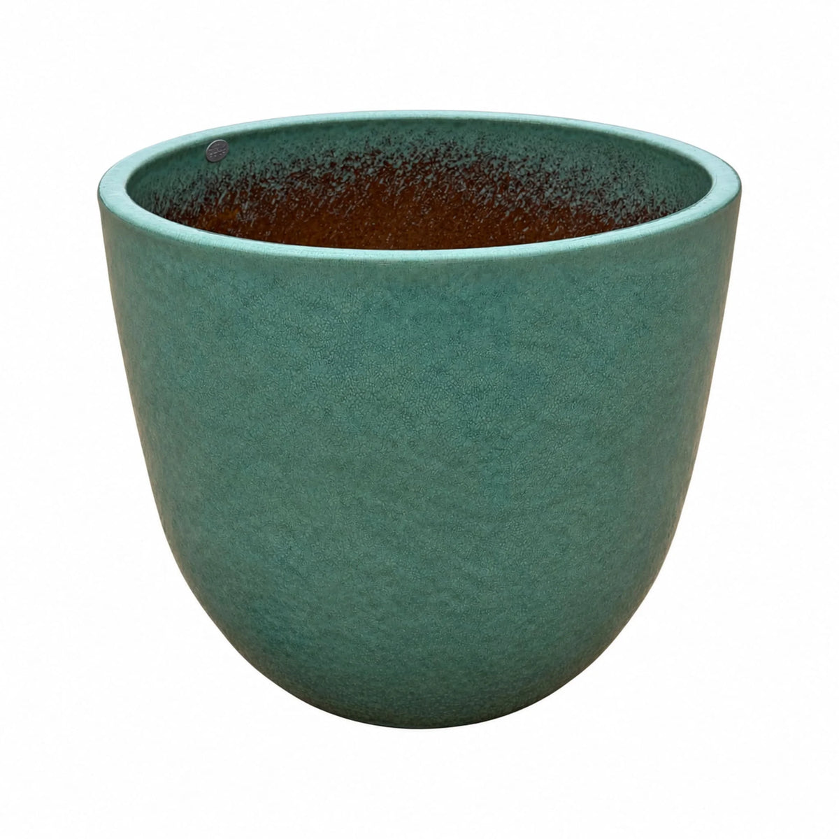 Angled view of a teal tapered round ceramic planter, showing its fine crackle-textured teal glaze, a lighter aqua rim and a speckled interior that shades into rust brown