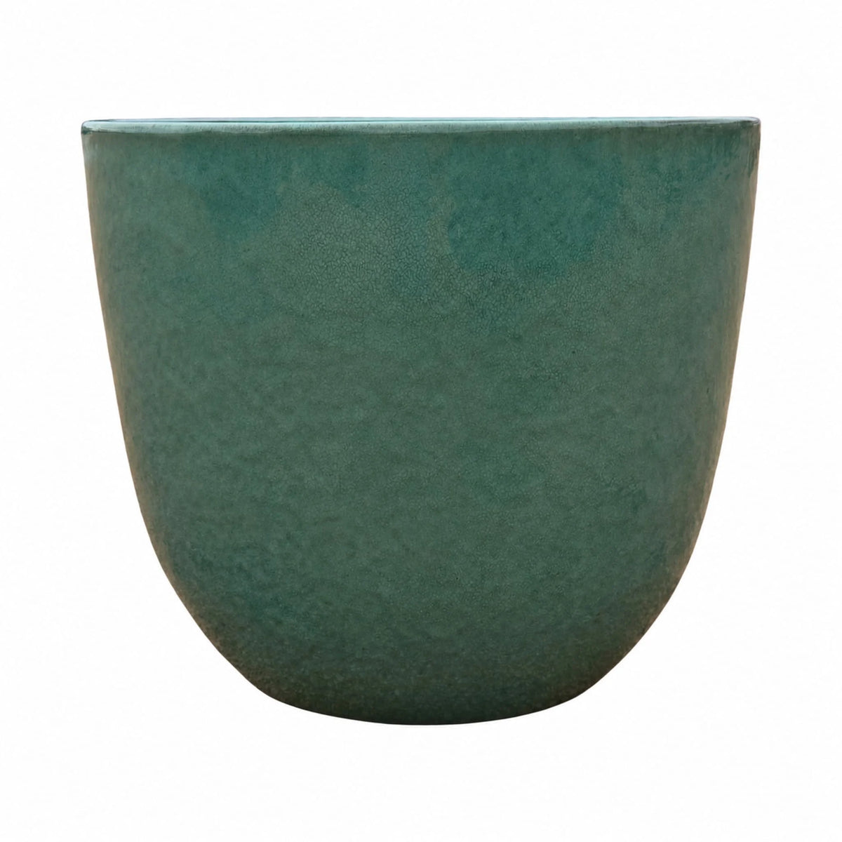 Front view of a teal tapered round ceramic planter with a gently rounded body that narrows toward the base, finished in a deep teal-green glaze with a fine crackle texture