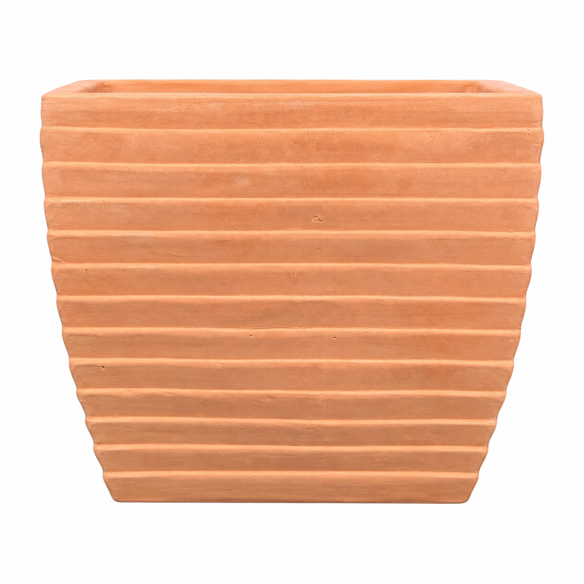 Flat front view of the Terracotta Ribbed Square Bowl Planter, highlighting its tapered square shape and the fine linear ribbing texture across its smooth terracotta surface.