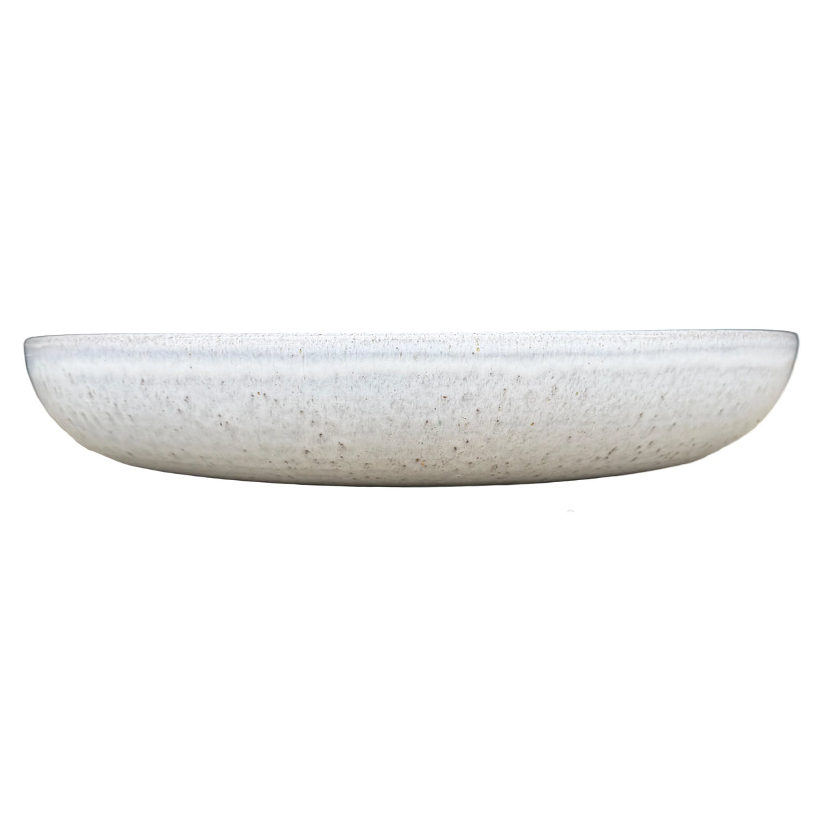Front view of a low white ceramic succulent bowl with a gently curved body and speckled glaze with soft grey-blue tones