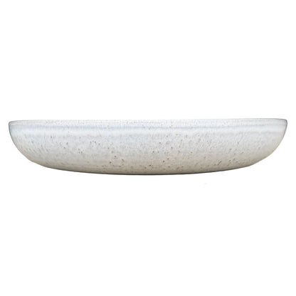 Front view of a low white ceramic succulent bowl with a gently curved body and speckled glaze with soft grey-blue tones