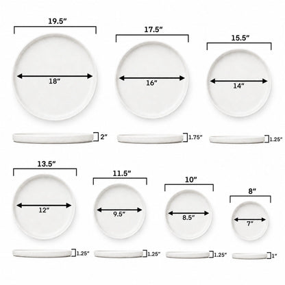 Size chart for round ceramic plant saucers in seven sizes, from 8 inches across (7-inch inner base, 1 inch tall) up to 19.5 inches across (18-inch inner base, 2 inches tall), shown with top and side views