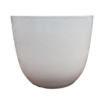 Front view of a white tapered ceramic egg planter, showing its clean egg-shaped silhouette that narrows toward the base in a soft white finish