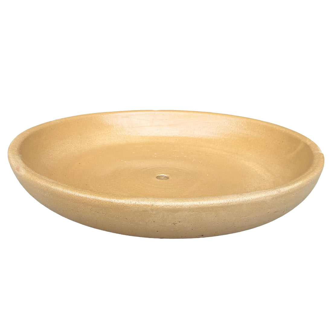 Angled view of a wide, shallow yellow spray ceramic succulent bowl with a smooth mustard-yellow interior, a rounded rim and a central drainage hole