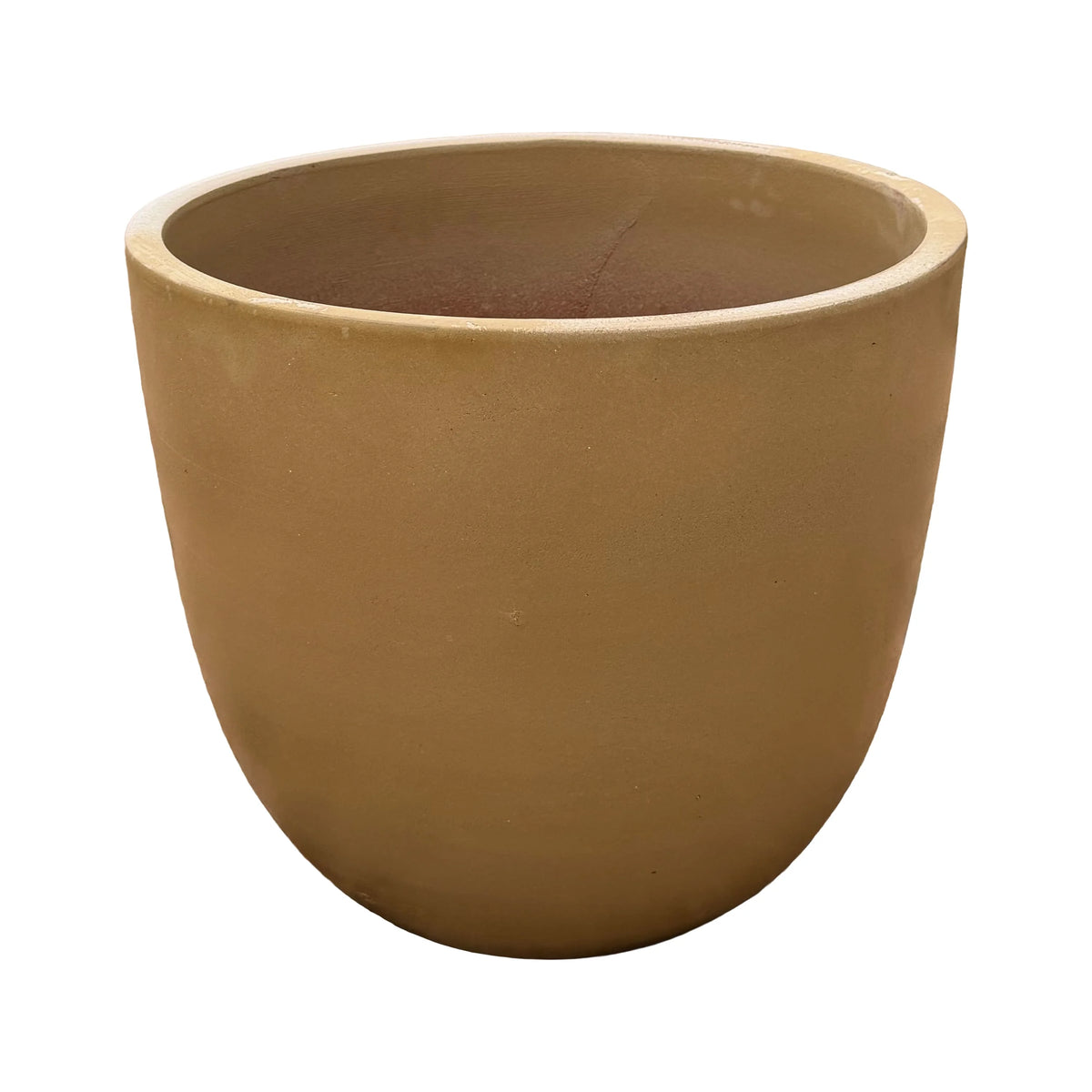 Angled view of a yellow spray tapered round planter, showing its rounded tapering body in a matte sandy-mustard finish and a terracotta-toned interior below the rim