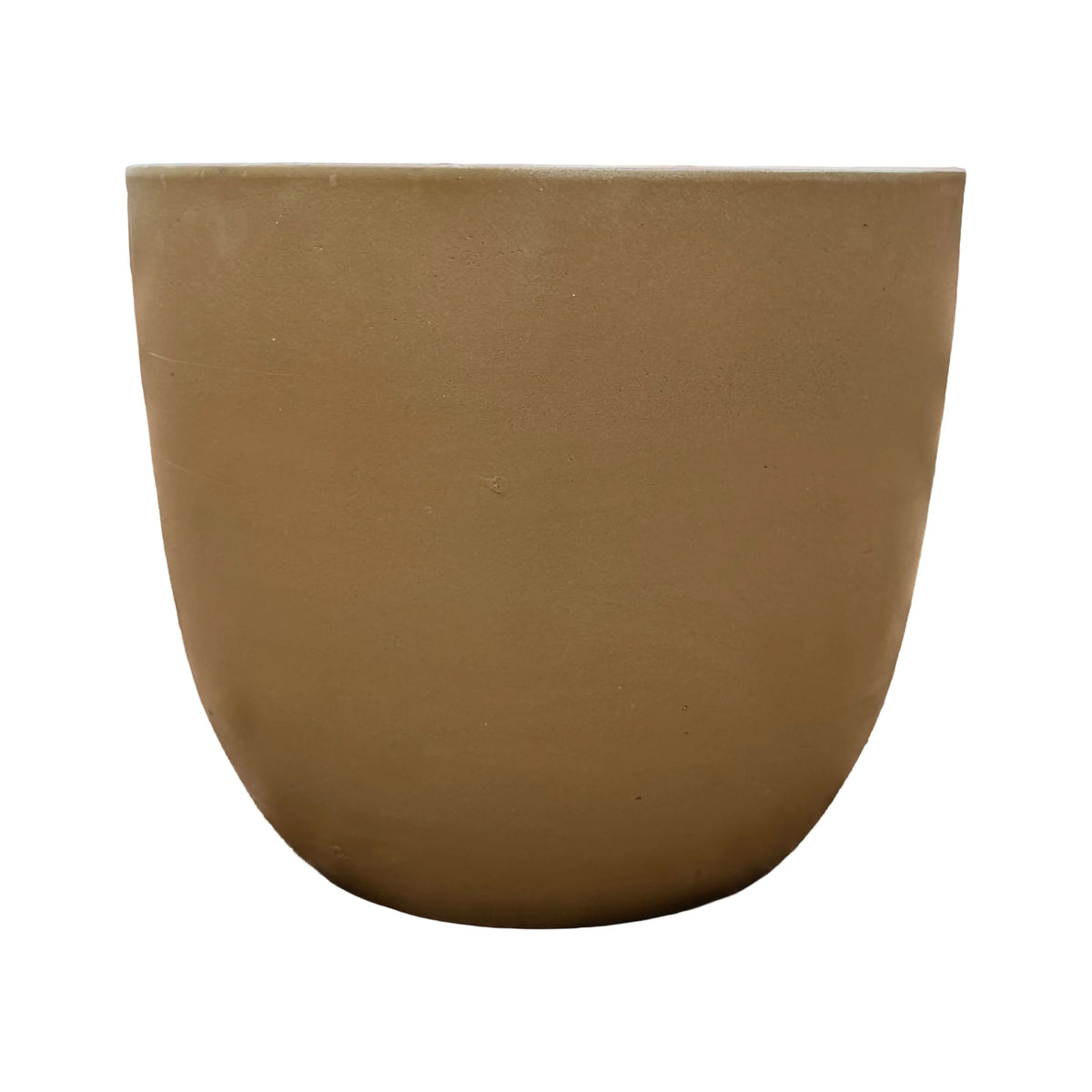 Front view of a yellow spray tapered round planter with a smooth, rounded egg-shaped body in a soft matte sandy-mustard finish