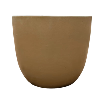 Front view of a yellow spray tapered round planter with a smooth, rounded egg-shaped body in a soft matte sandy-mustard finish