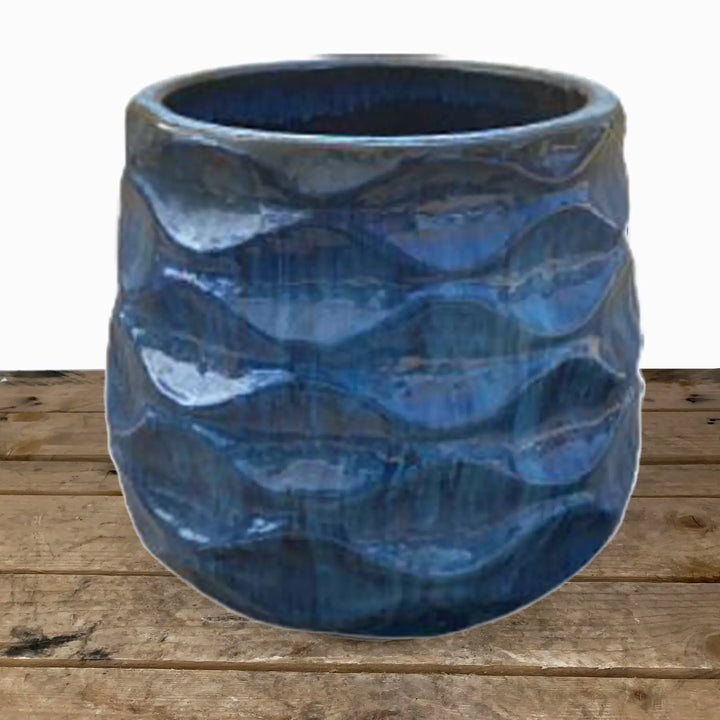 Modern Wave Round Ceramic Planters Dark Blue | Ten Thousand Pots
