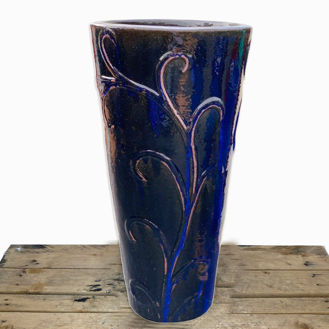 Antique blue tall ceramic planter with slim decorative vine design