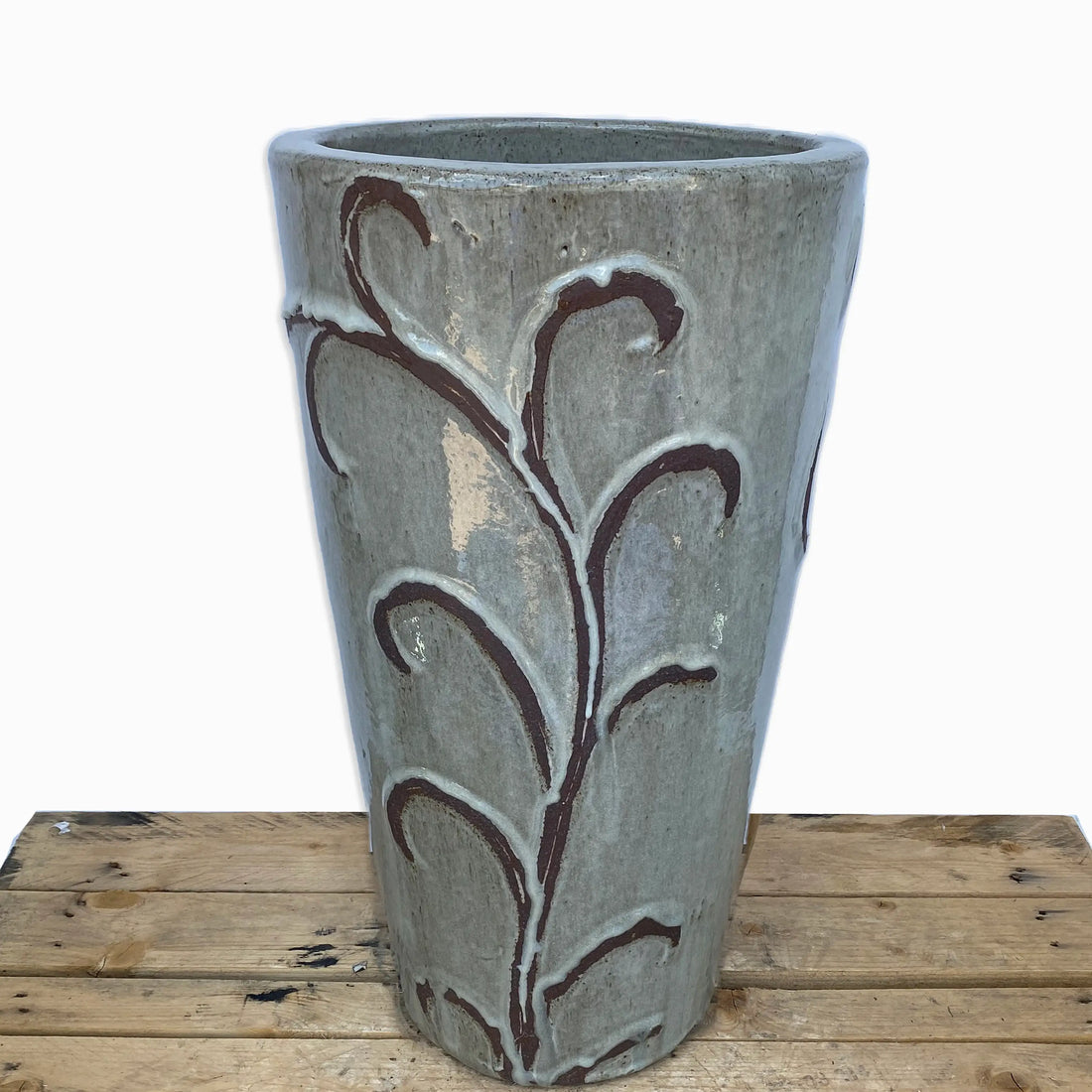 White tall ceramic planter with slim decorative vine design