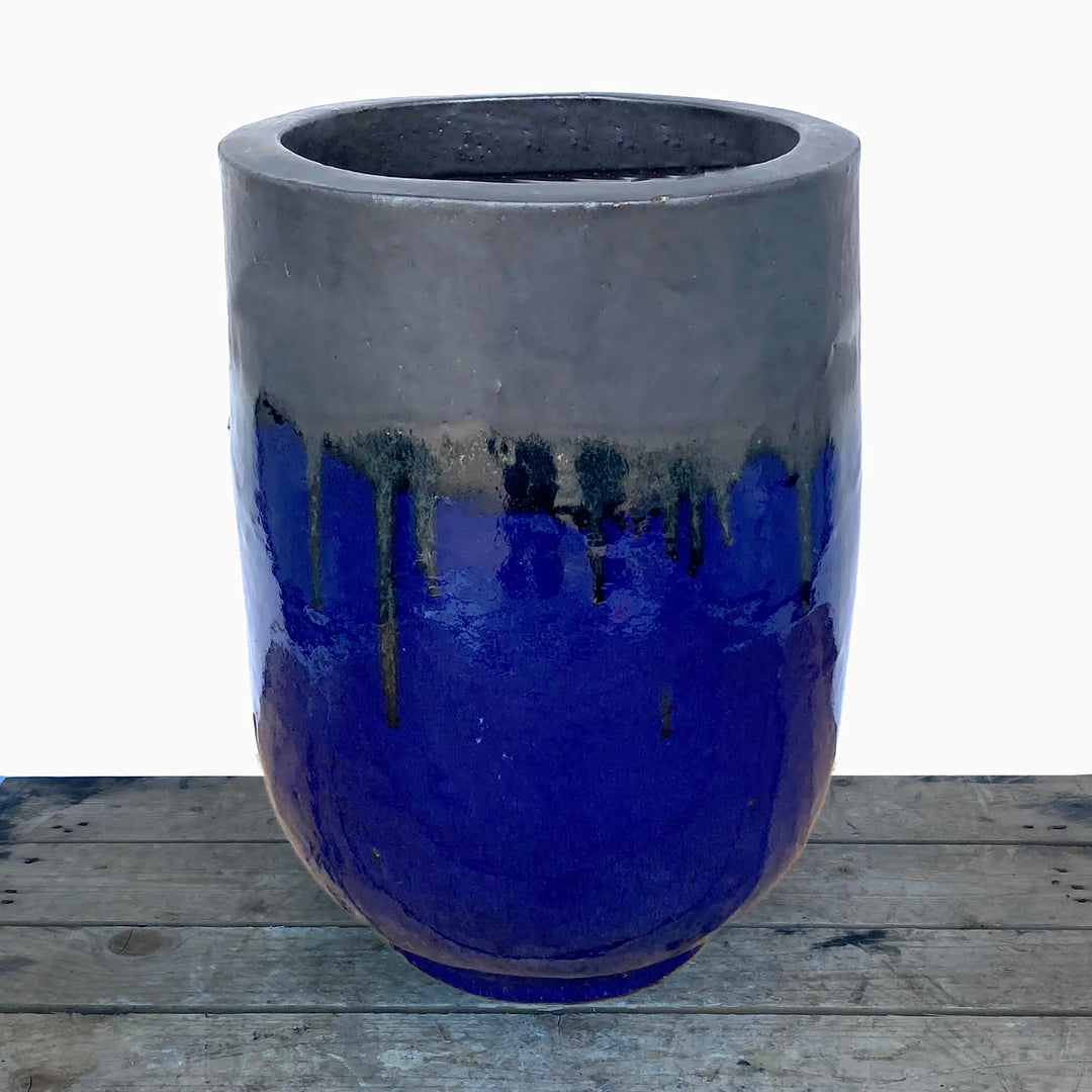 Matte Black/Blue Ceramic Flower U Pot