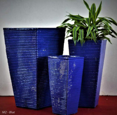 297M40 - Dark Blue Horizontal Line Ceramic Square Planter