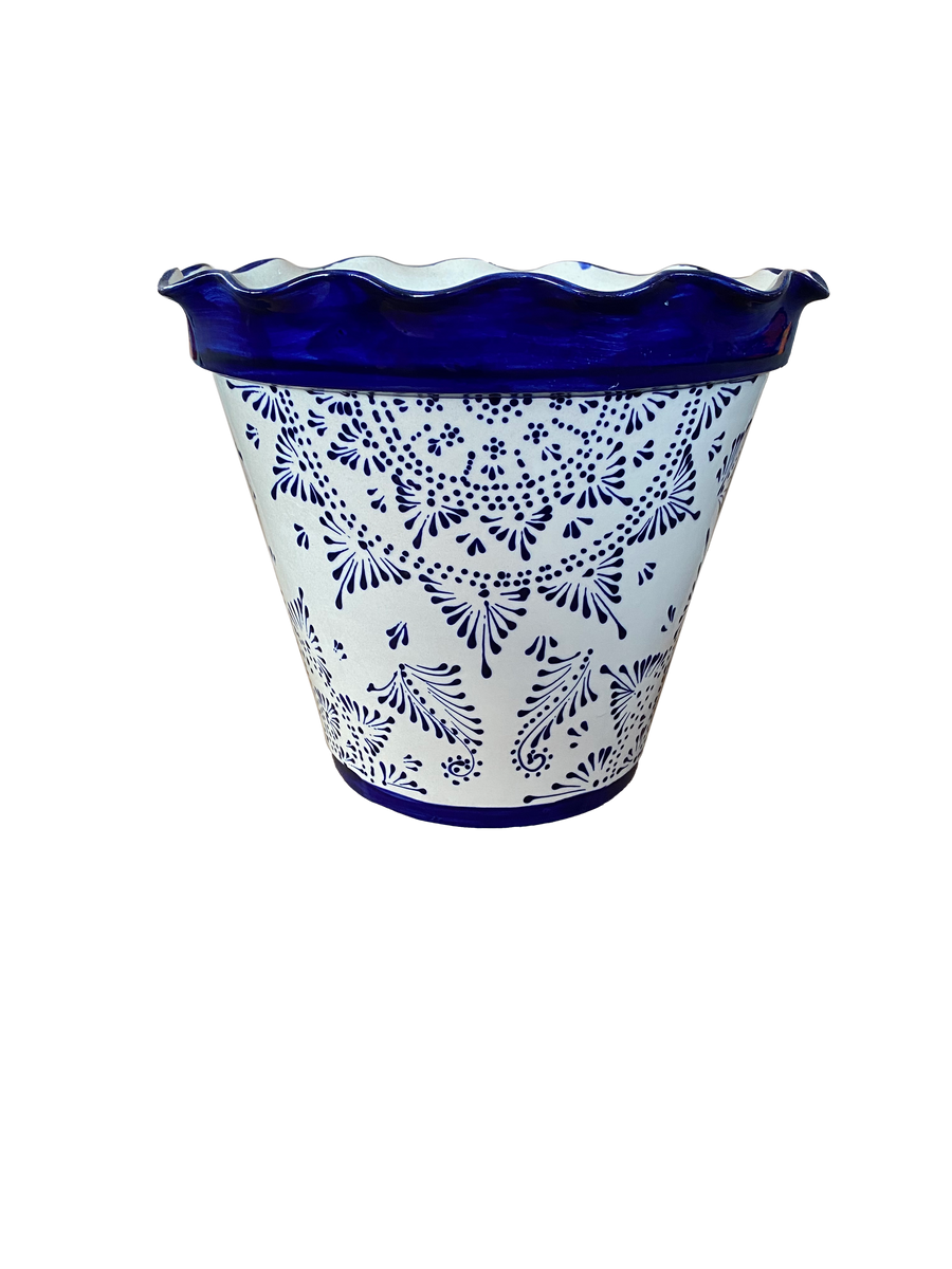 Wavy Rim Blue Mandala Talavera Vaso | Mexican Pottery