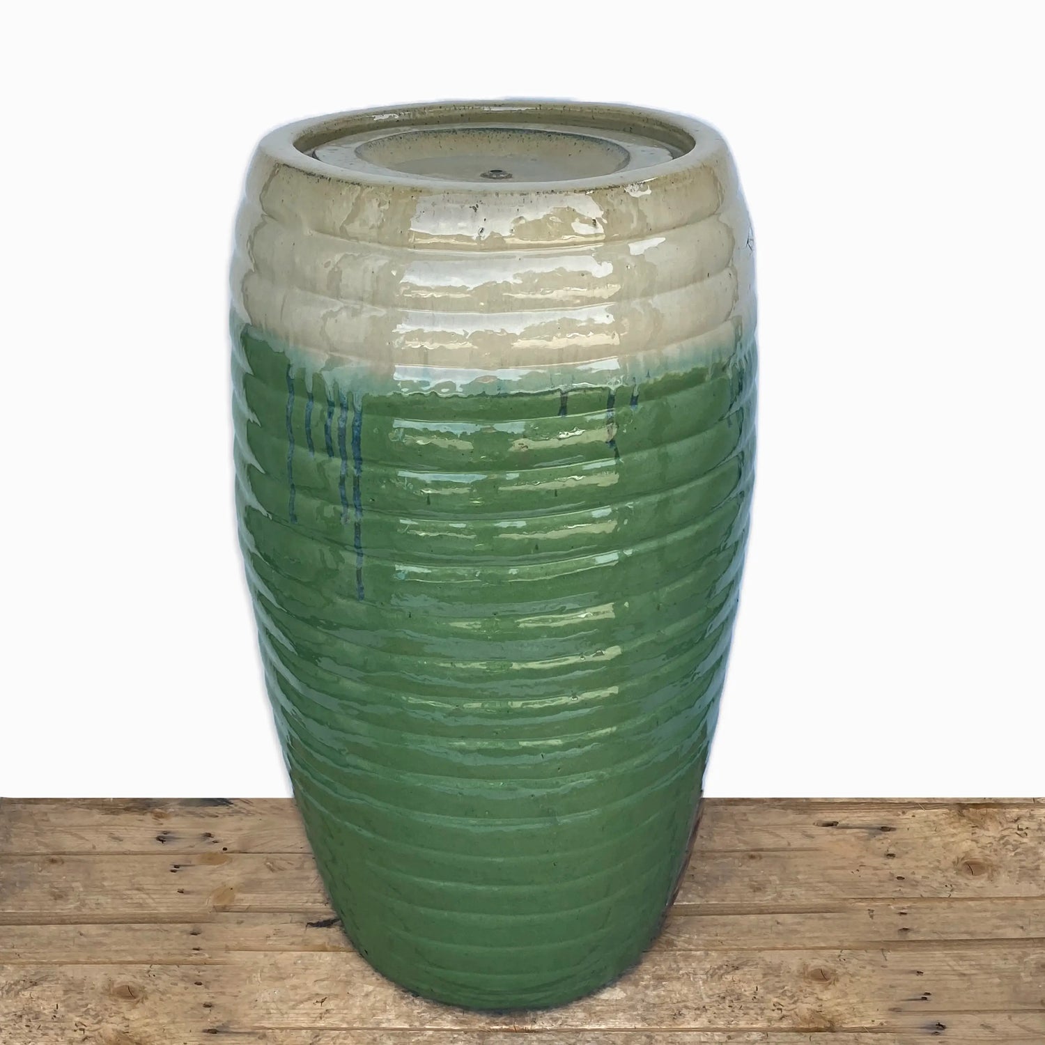 5251S45 - Cream/Apple Green Ceramic Ringed Drum Fountain