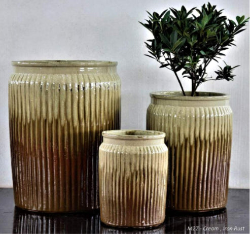 Round Rim Striped Ceramic Cylinder Planter