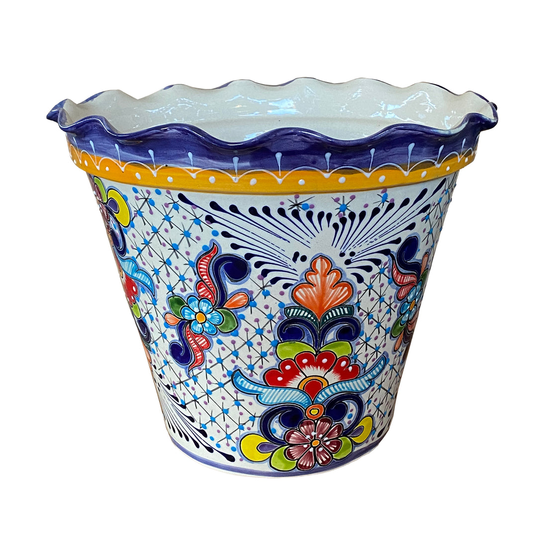 Blue Yellow Wavy Rim Colorful Talavera Vaso | Talavera Planters